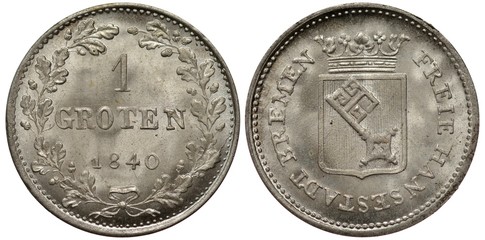 Germany German silver coin 1 one groten 1840, City of Bremen, value and date flanked by oak springs with acorns, crowned shield with large key surrounded by sign in German Free City of Bremen, 