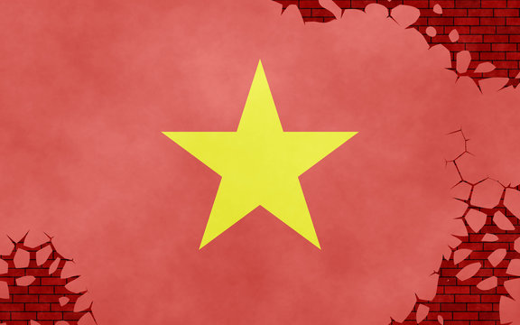 Illustration of a Vietnamese flag, imitation of a painting on the cracked wall