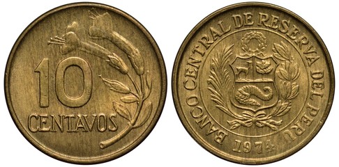 Peru, Peruvian coin 10 ten centavo 1974,  value left to flower sprig, arms, shield with lama, tree...