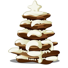 Festive layered biscuit cake covered with whipped cream in form of Christmas tree. Sketch for greeting card, festive poster, party invitation. Pastry isolated. Attribute Christmas and New year. Vector