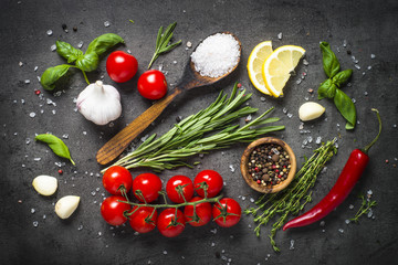 Food cooking background on black top view.