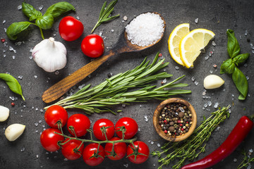 Food cooking background on black top view.