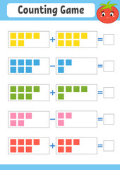 Counting game for children. Addition and subtraction. Activity worksheet. A simple flat vector illustration with a cute character. With a place to write answers.