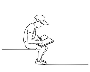 Continuous one line drawing. Schoolboy sitting and writing with pencil on copybook. Vector illustration