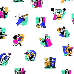 A set of icons on the theme of art forms. Music, choreography, singing, literature, theater, circus. Vector illustration. Hobbies of creative people. Icons for the site, banner and print. Emblems, sym