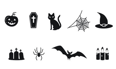 set of Halloween icon symbols, spider, web, spooky vampire bat, black cat, witch hat; coffin; tomb stone and candles isolated on white background, simple flat cartoon vector illustration collection
