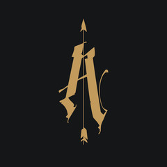 Logo, letters A with an arrow, in a Gothic style. Vector logo. Image is isolated on a black background. Monogram A for the tattoo. Medieval letter. Emblem for the store, brand. The letter a. Sign.