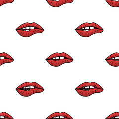 Seamless pattern with womens lips with red lipstick on white background. Trendy illustration