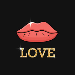 Illustration with pink lips and golden inscription love. Womens day, 14 february or world kissing day
