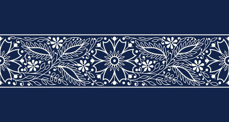 Woodblock printed indigo dye seamless ethnic floral border. Traditional oriental ornament of India, elegant flowers and leaves, ecru on navy blue background. Textile design. - obrazy, fototapety, plakaty