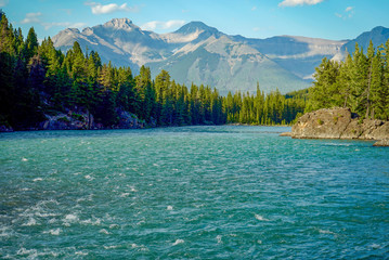 Blue Sky over Bow River with mountains and trees in Banff, Alberta, Canada