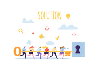 Business Solution Concept. Businessmen Holding Big Key Together and Trying to Open Keyhole. Flat People Teamwork Strategy. Vector illustration