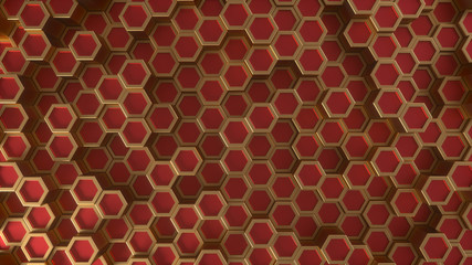 Hexagonal geometric background. Abstract structure of lots of metal hexagons of different height. Creative honeycomb surface with top view. Pattern of cell elements. 3d rendering