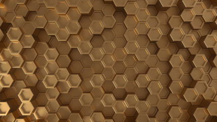 Hexagonal geometric background. Abstract structure of lots of metal hexagons of different height. Creative honeycomb surface with top view. Pattern of cell elements. 3d rendering