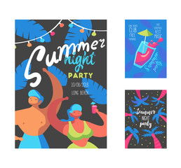 Summer Night Party Poster with Flat People Characters and Palms