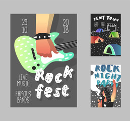 Rock Festival Poster. Music Fest Banner Template, Brochure, Placard, Flyer with Guitar, Punk and Tent Town. Vector illustration