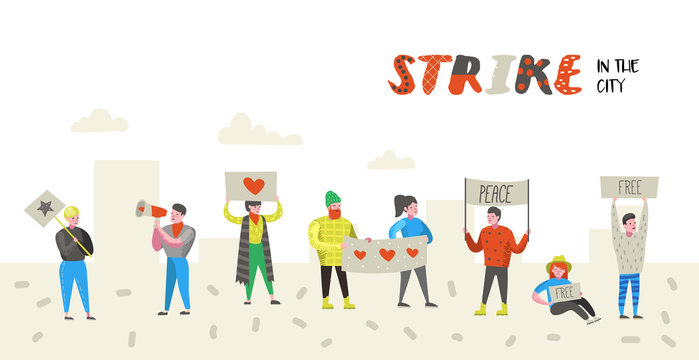 Group of Flat Angry People Protesting at Strike. Characters Picketing Against Something with Banners and Placards. Demonstration, Protest, Picket. Vector illustration