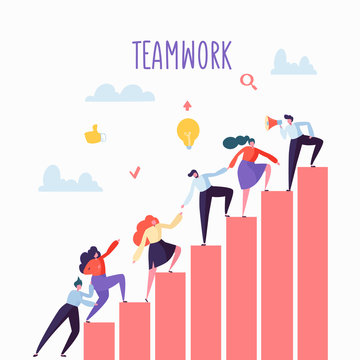 Flat Business People Climbing Up The Stairs. Career Ladder with Characters. Team Work, Partnership, Leadership Concept. Vector illustration