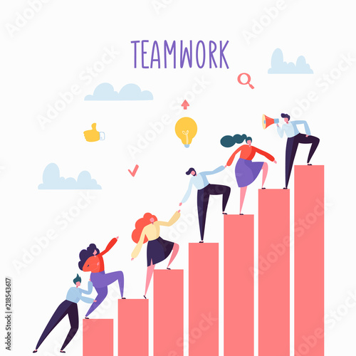 "Flat Business People Climbing Up The Stairs. Career Ladder with