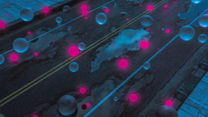 Rainy city road with puddles and floating glowing balls. Abstract scene with bright bubbles on wet roadway. Sky's reflections on surface after rain. 3d rendering
