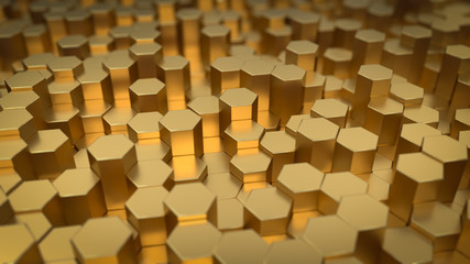 Abstract hexagonal geometric background. Structure of lots metal hexagons. Shiny honeycomb pattern. Creative geometric elements. Digital concept. 3d rendering