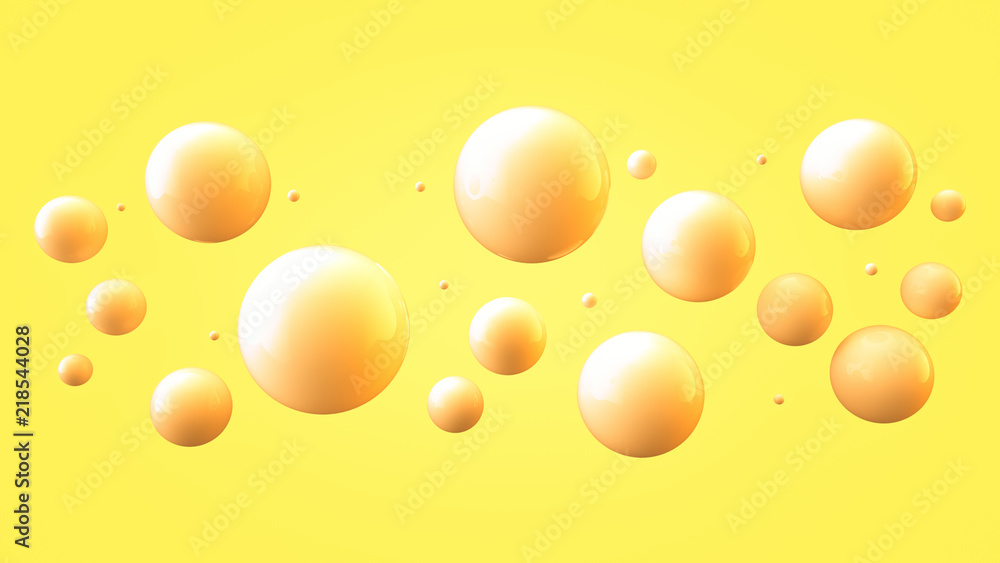 Poster shiny balls with different size on simple gradient background. glossy bubbles in empty space. abstra