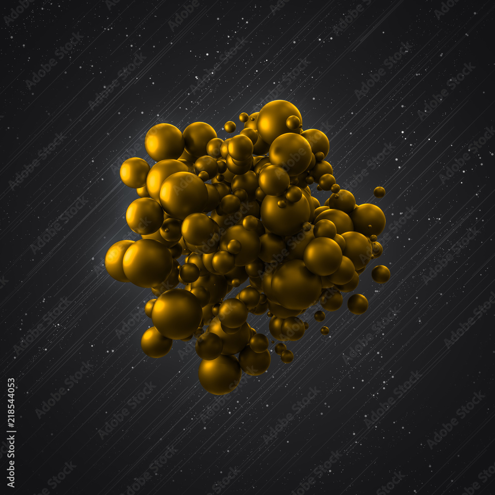 Poster lots of shiny balls with different size on dark background with small particles and digital lines. g