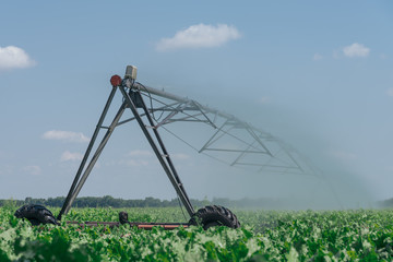 Large watering systems spray water in the field
