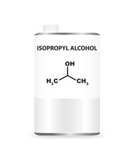 Vector metal liquid container can with isopropyl alcohol or isopropanol. Illustration of a chemical alcohol solvent. On the packaging is the name and formula of chemical substance.