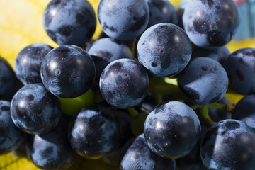 bunch of red grape with yellow leaf on old blue wood table background