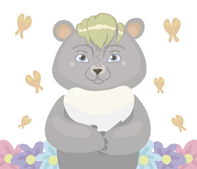 Gray cartoon bear with bangs of blond and blue eyes in the center, orange butterflies fly around and grow flowers isolated on white background vector illustration.