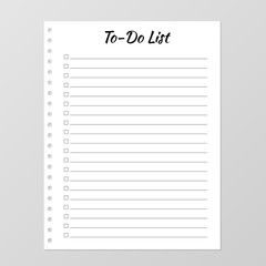 To do list template. Daily planner page. Lined paper sheet. Blank white notebook page isolated on grey. Stationery for education, office and planning a routine. vector illustration.