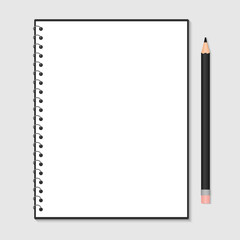 Opened notebook with metallic spiral and pencil isolated on grey. Blank white paper sheet. Stationery for education and business. Realistic vector illustration.