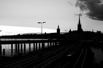 Panoramic view of Old Town in Sweden - Stockholm (Gamla Stan) in a summer night. Reflection