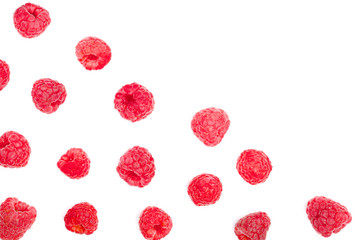 raspberries isolated on white background with copy space for your text. Top view. Flat lay pattern