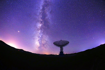 Radio telescopes and the Milky Way at night