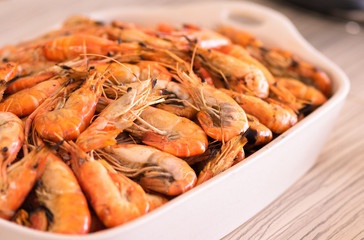 grill shrimp in ceramic tray, ready to serve
