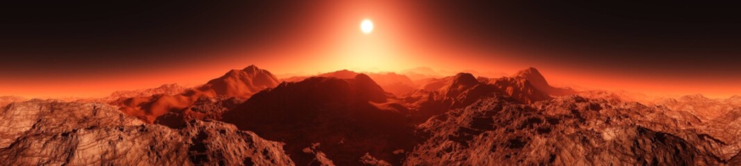 Fototapeta premium Piękny marsjański krajobraz przy wschodem słońca. Panorama Marsa. Renderowanie 3D