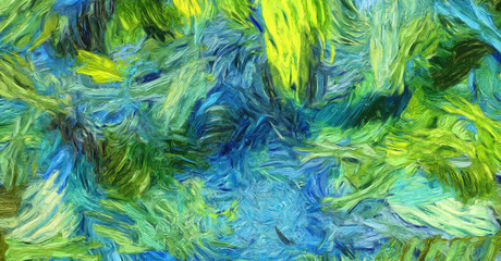 Impressionism wall art print. Vincent Van Gogh style oil painting. Swirl splashes. Surrealism artwork. Abstract artistic background. Real brush strokes on canvas. 