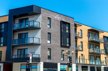 Modern condo buildings with huge windows in Montreal, Canada. 