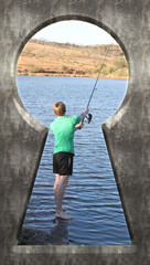 Through the Keyhole Image - Boy Fishing in Lake