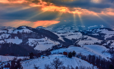 Winter colorful sunset, Amazing landscape in Holbav,Transylvania,Romania,Europe