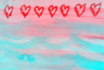 Lovely romantic red and blue hand drawn watercolor background with hearts decorations