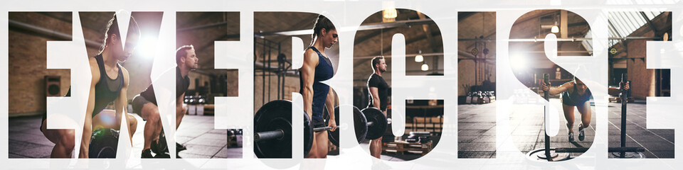 Collage of two people exercising together in a gym