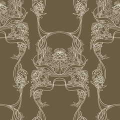  Seamless pattern with thistle flower, background in 
 art nouveau style, vintage, old, retro style.
