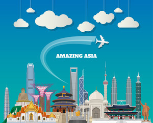 Asia famous Landmark paper art. Global Travel And Journey Infographic Bag. Vector Flat Design Template.vector/illustration.Can be used for your banner, business, education, website or any artwork.