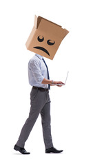 Businessman with box and unhappy face