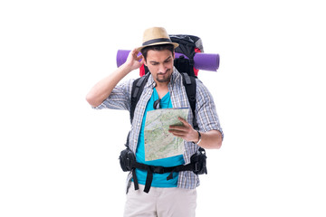 Man lost and looking for direction with map on white
