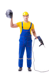 Young worker on coveralls isolated on white