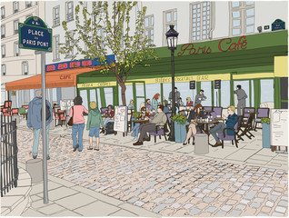 People enjoying the day at a cafe in Paris, with cobblestone streets and a traditional cafe scene. Hand drawn illustration. © Page Light Studios